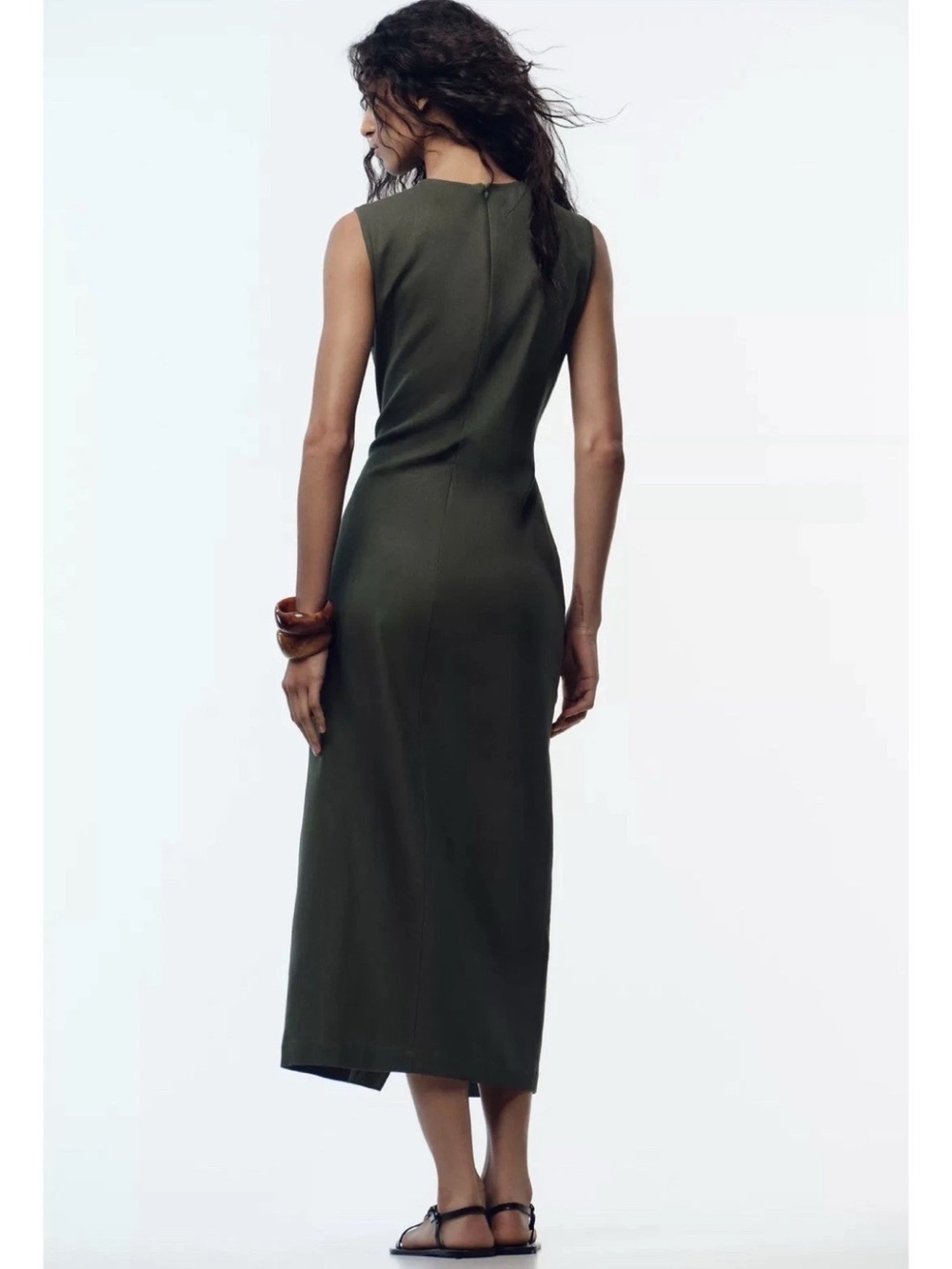 Zara Olive Green LINEN BELTED MIDI DRESS - Picture 9 of 15